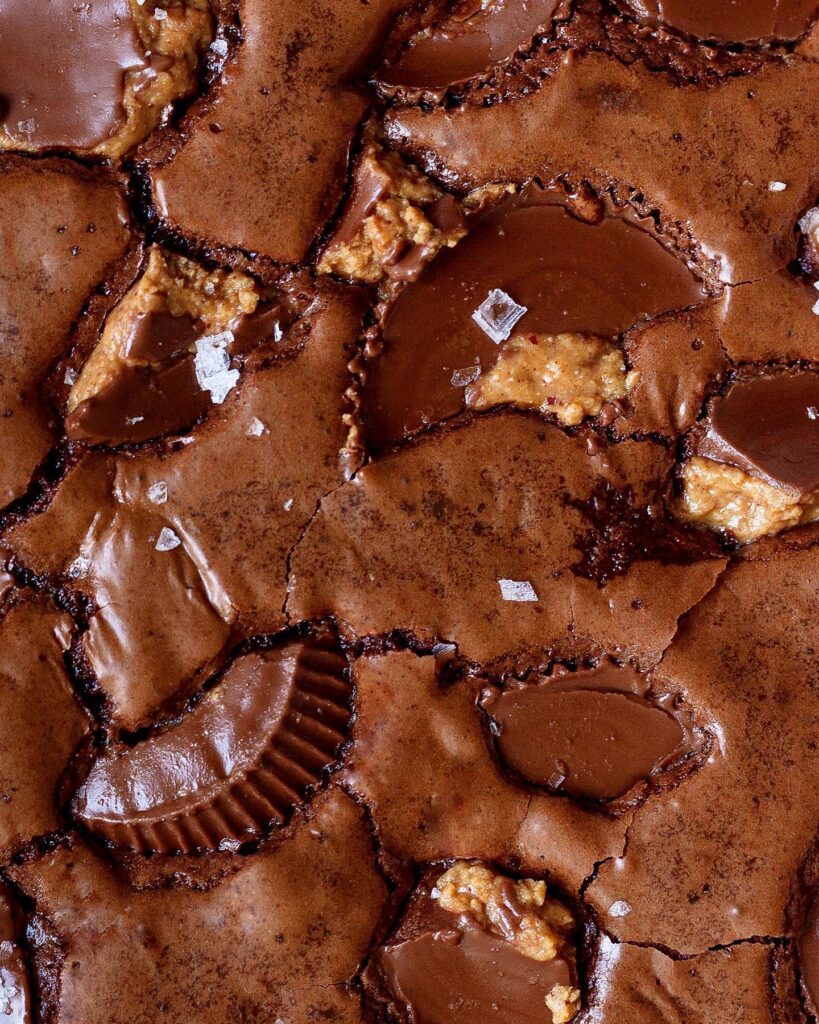 closeup of gluten free brownies with reeses peanut butter cups