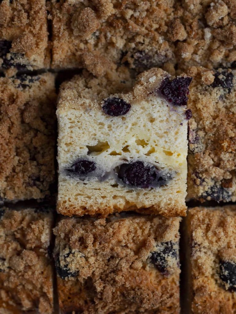 blueberry buckle sliced closeup, gluten free blueberry coffee cake
