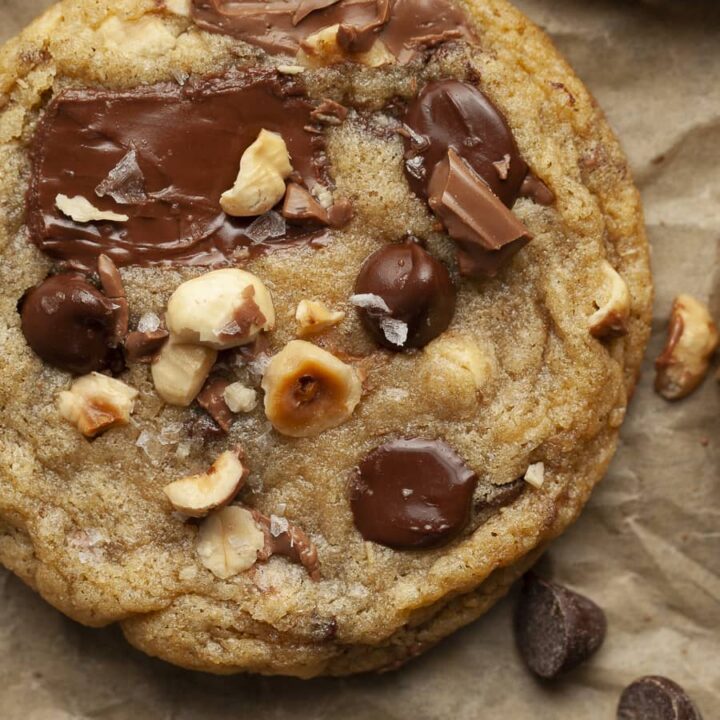 close up of a nutella chocolate chip cookie