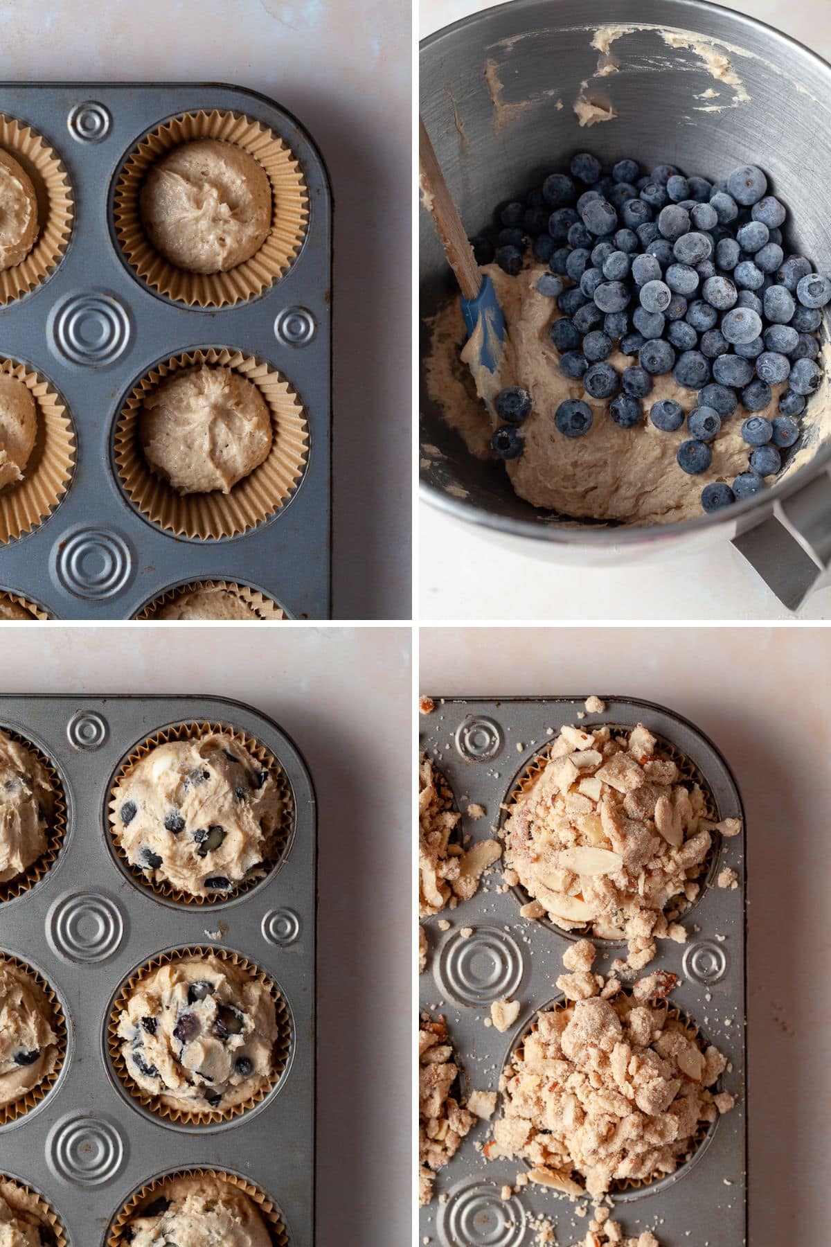 a collage of photos how to bake blueberry muffins