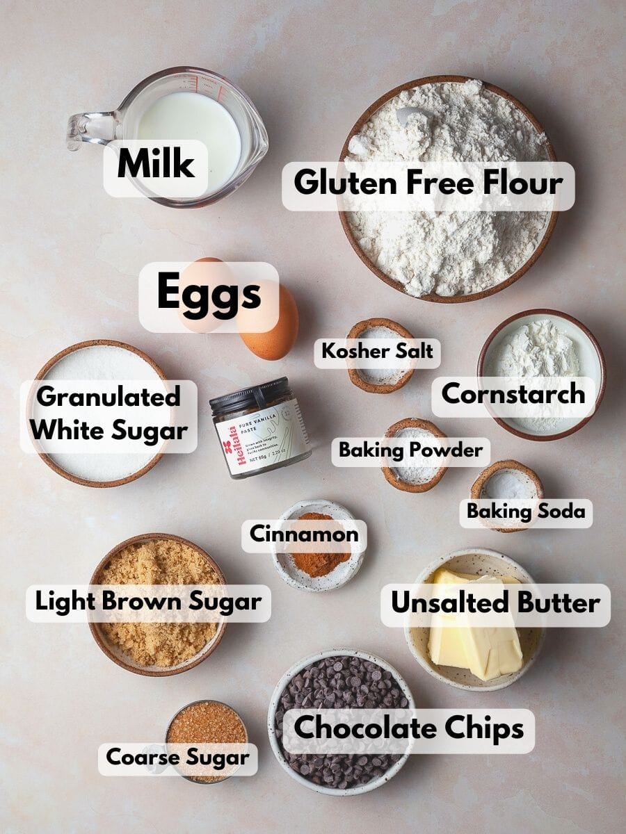 Ingredients needed to make gluten free chocolate chip muffins