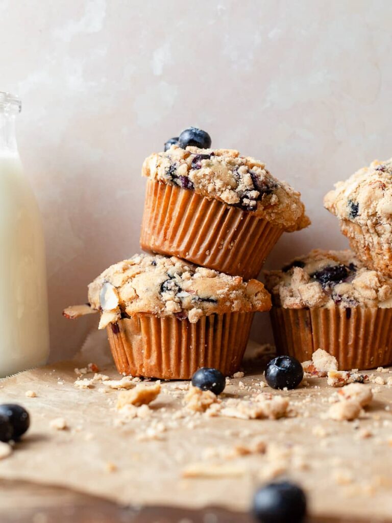 a stack of gluten free blueberry muffins