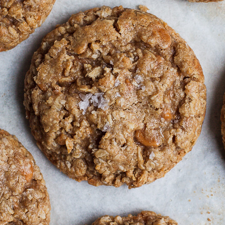 a gluten free salted oatmeal cookie with caramelized white chocolate