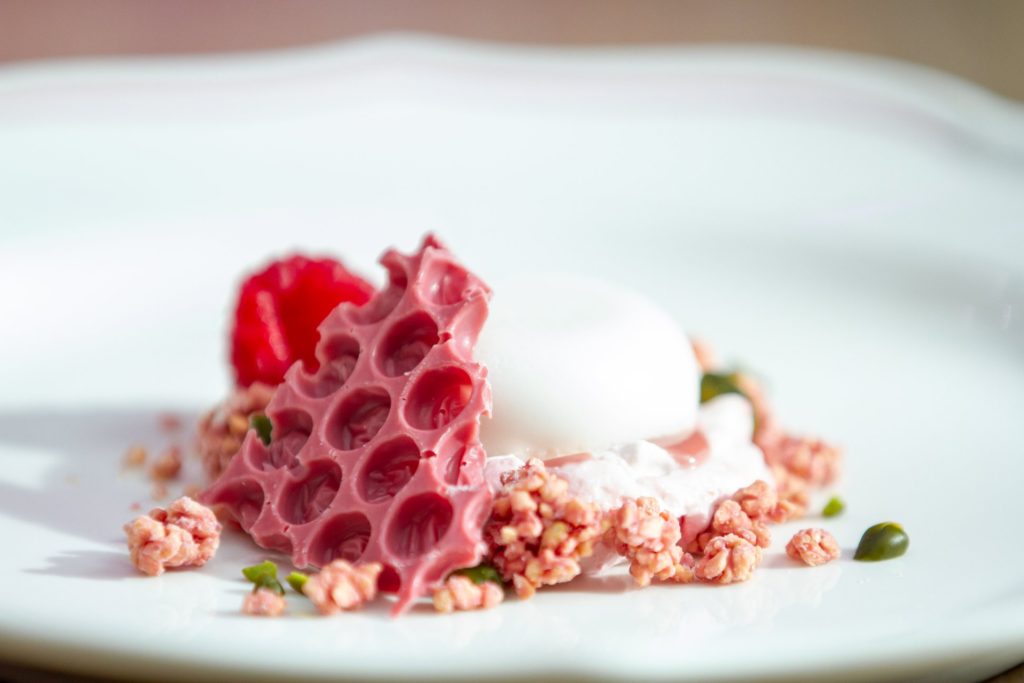 Callebaut Ruby served as bark with coconut mousse