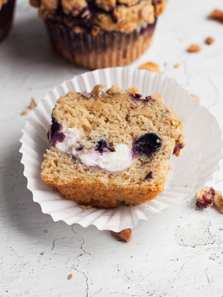 Gluten Free Blueberry Almond Muffin with cream cheese filling