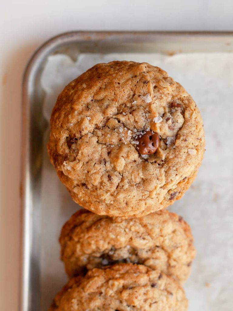 Gluten Free Brown Butter Oatmeal Cookies with chocolate covered raisins