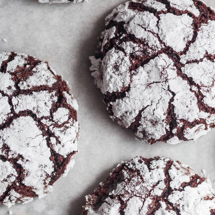 Gluten Free Chocolate Crinkle Cookies with a powdered sugar coating