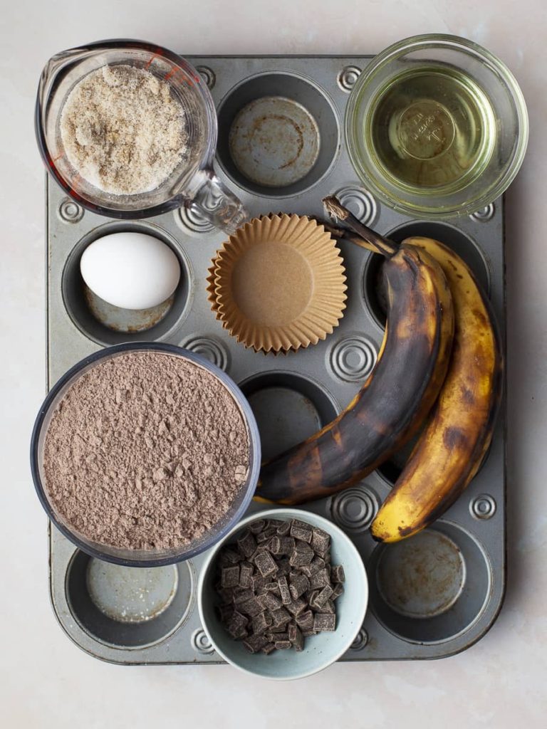 Ingredients for gluten free banana chocolate muffins