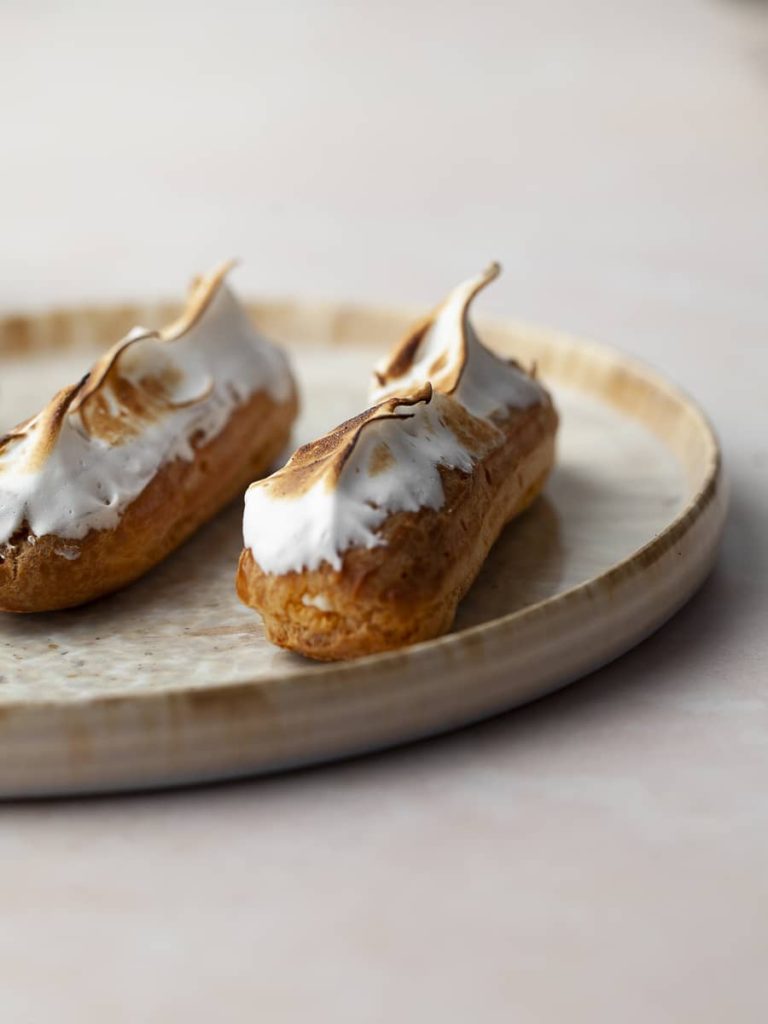 Gluten Free Éclairs topped with toasted meringue, Lemon Meringue Éclairs, Gluten Free Eclairs