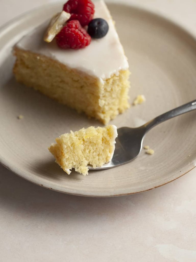 a bite of lemon cake on a fork