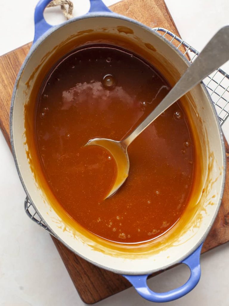 Salted Caramel Sauce in a blue pot