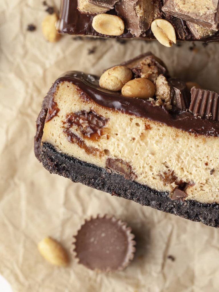 a gluten free peanut butter cheesecake with oreo crust