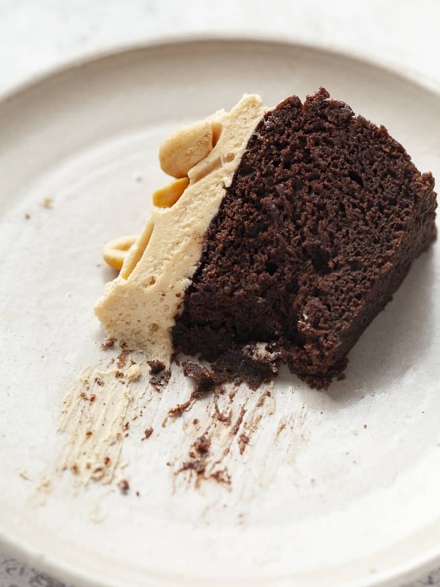 a slice of vegan gluten free chocolate cake on a plate
