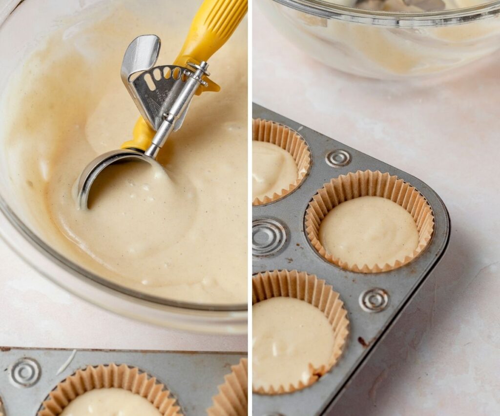 scooping vanilla cupcakes