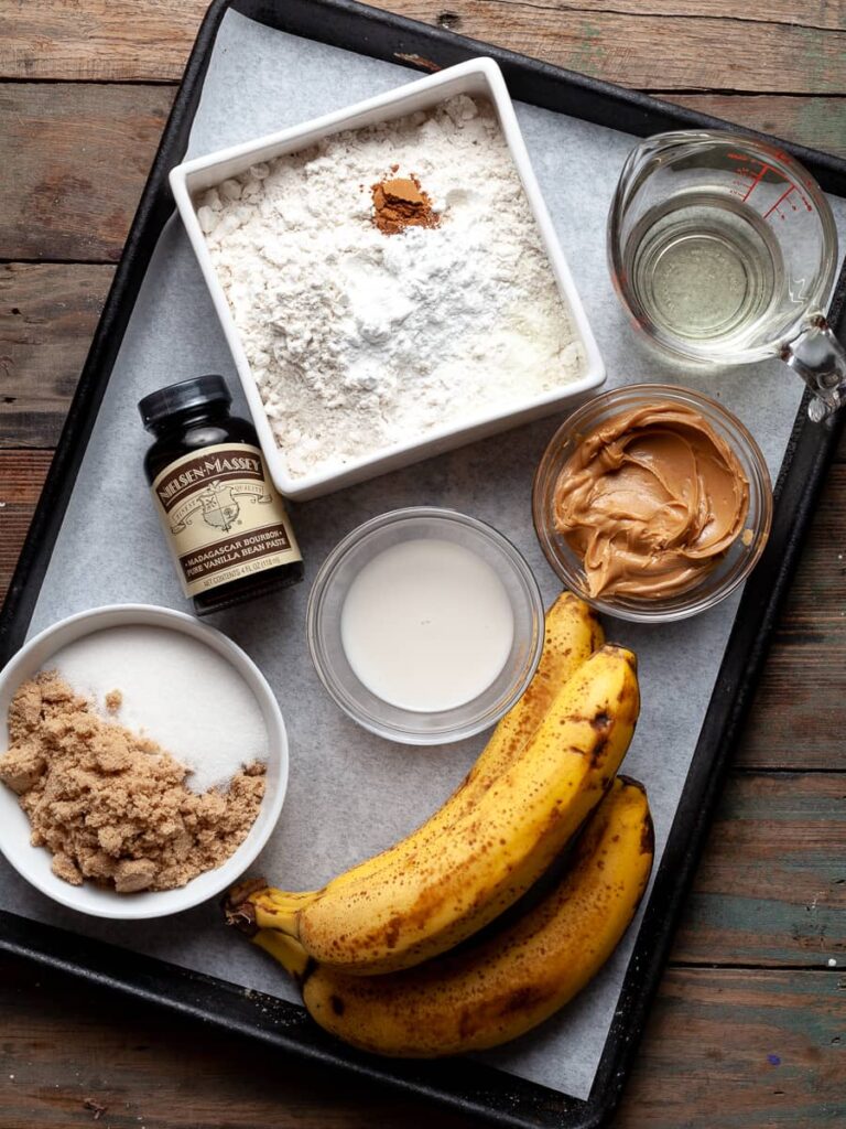 ingredients to make gluten free vegan banana bread with peanut butter