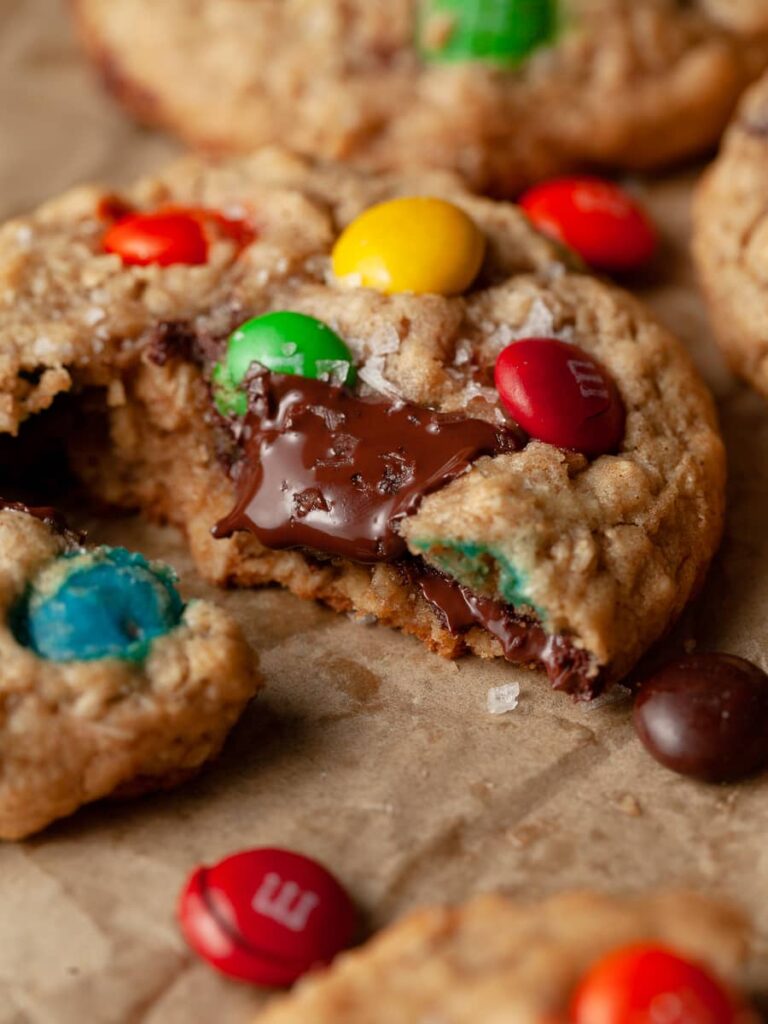 a gooey oatmeal cookie topped with m&ms