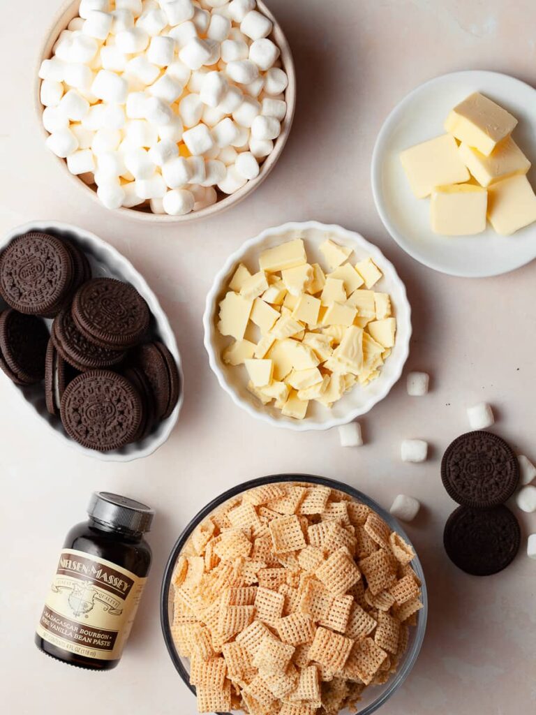 Ingredients to make Oreo Rice Krispie treats made with gluten free chex cereal, mini marshmallows, white chocolate and crushed oreos