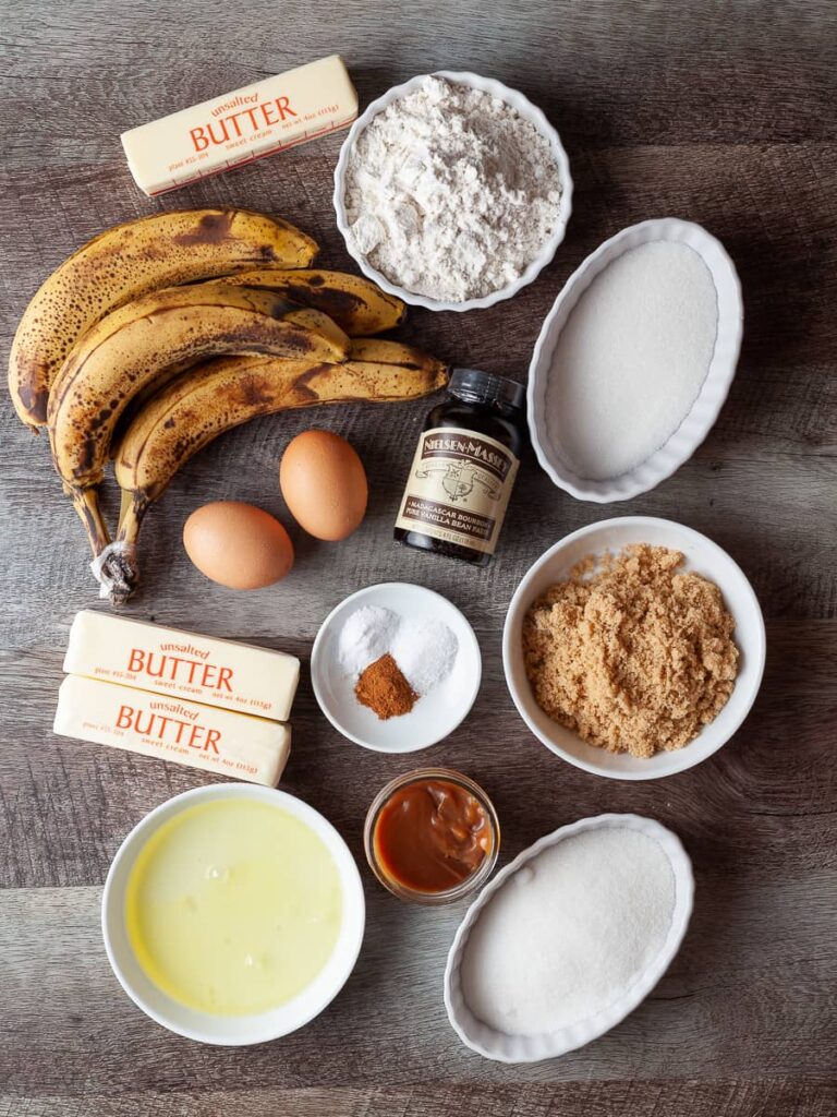 Ingredients to make gluten free banana cake with salted caramel frosting