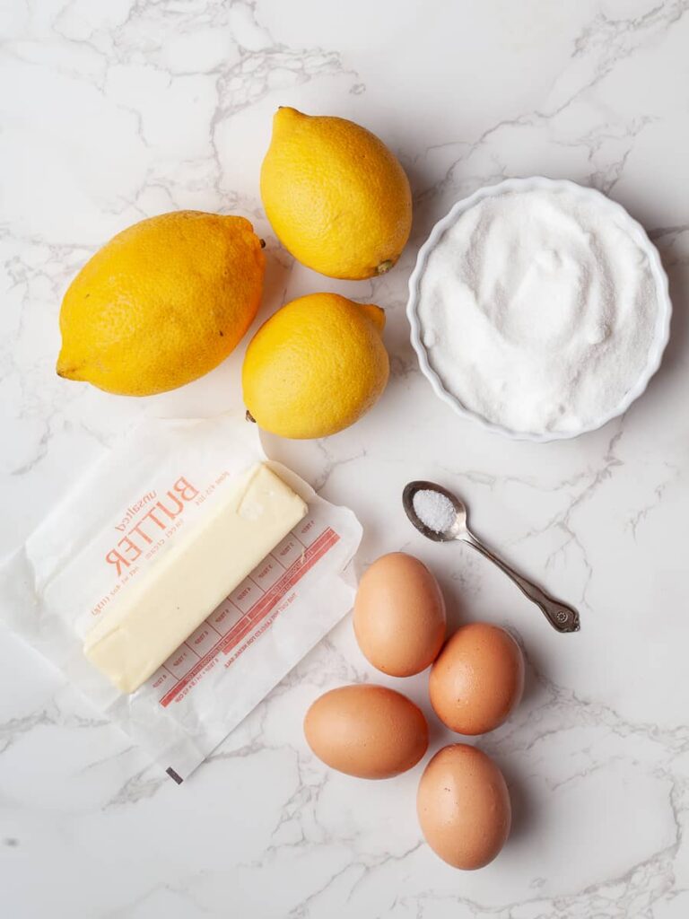 lemons, sugar, butter, eggs and salt to make lemon curd