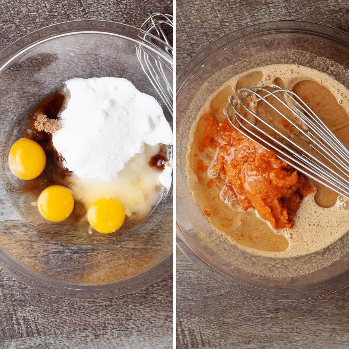 photo on the left: a bowl with eggs, sugar and vanilla to make pumpkin bread. picture right: a bowl with wet ingredients and pumpkin to make pumpkin bread