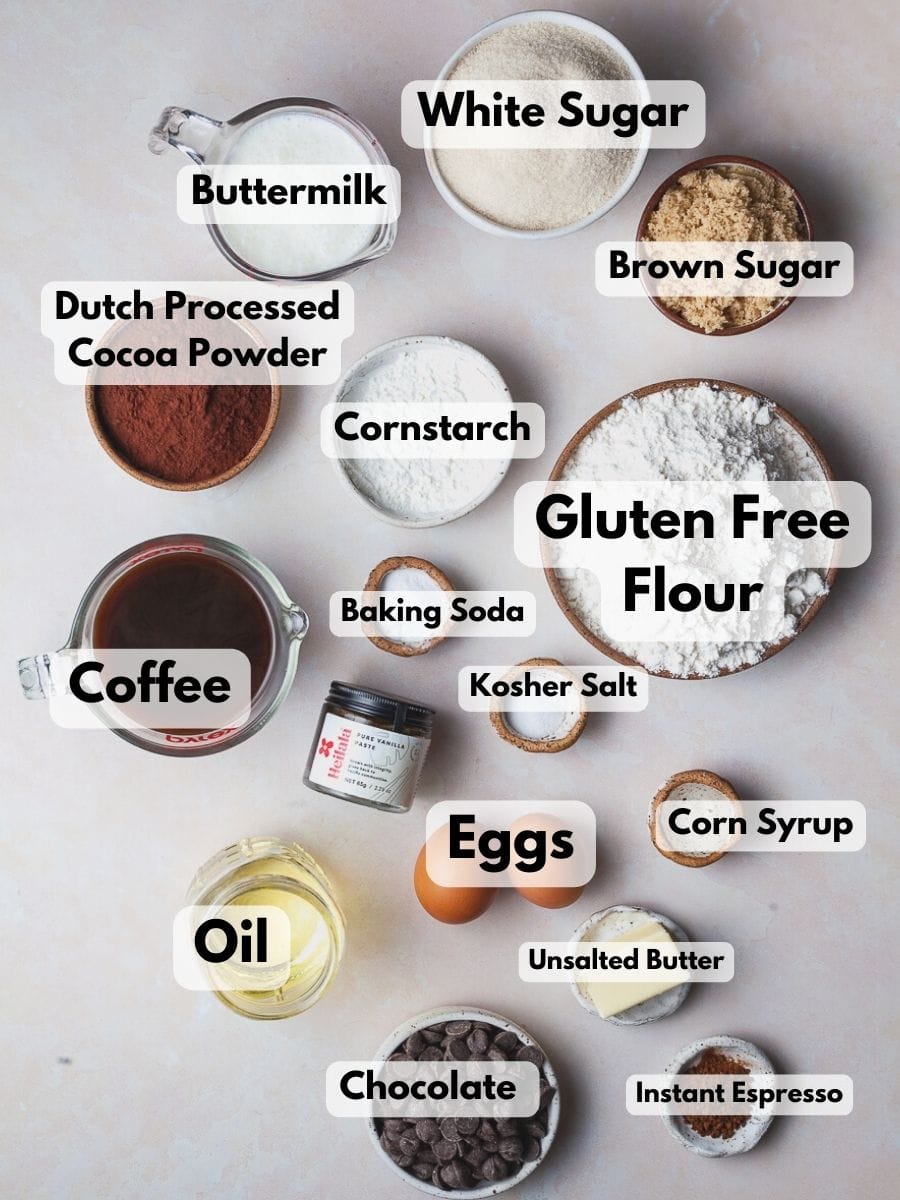 Ingredients needed to make a Gluten Free Chocolate Bundt Cake