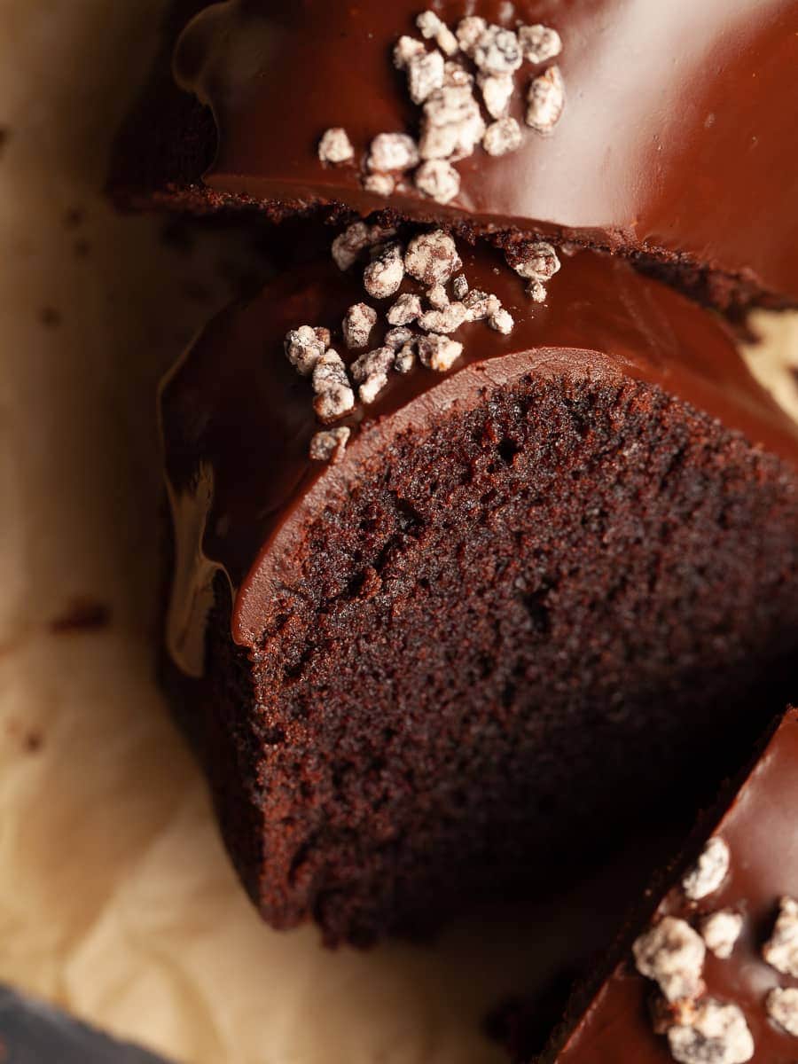 sliced chocolate bunt cake