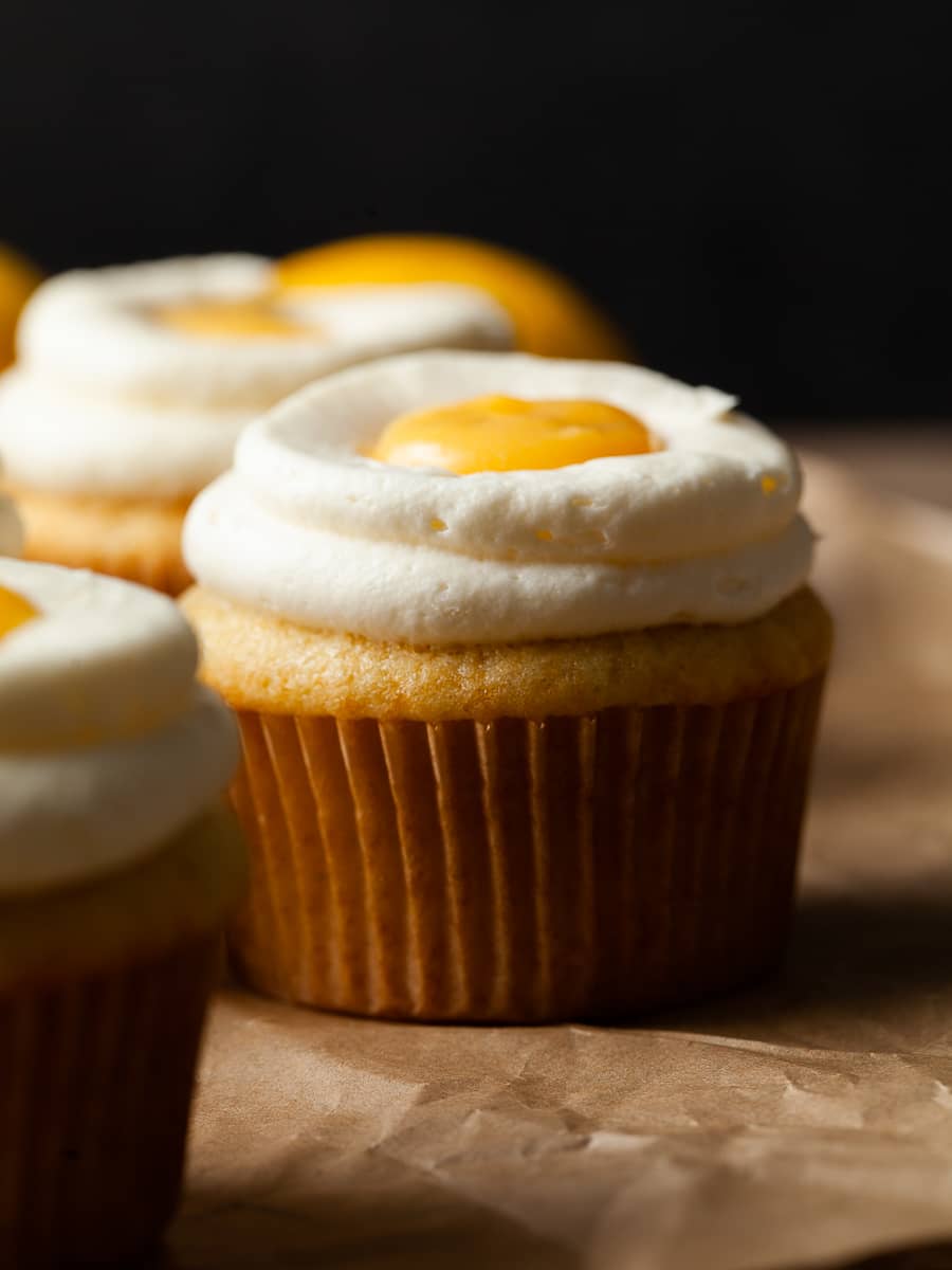 gluten free lemon cupcakes filled with homemade lemon curd and cream cheese frosting