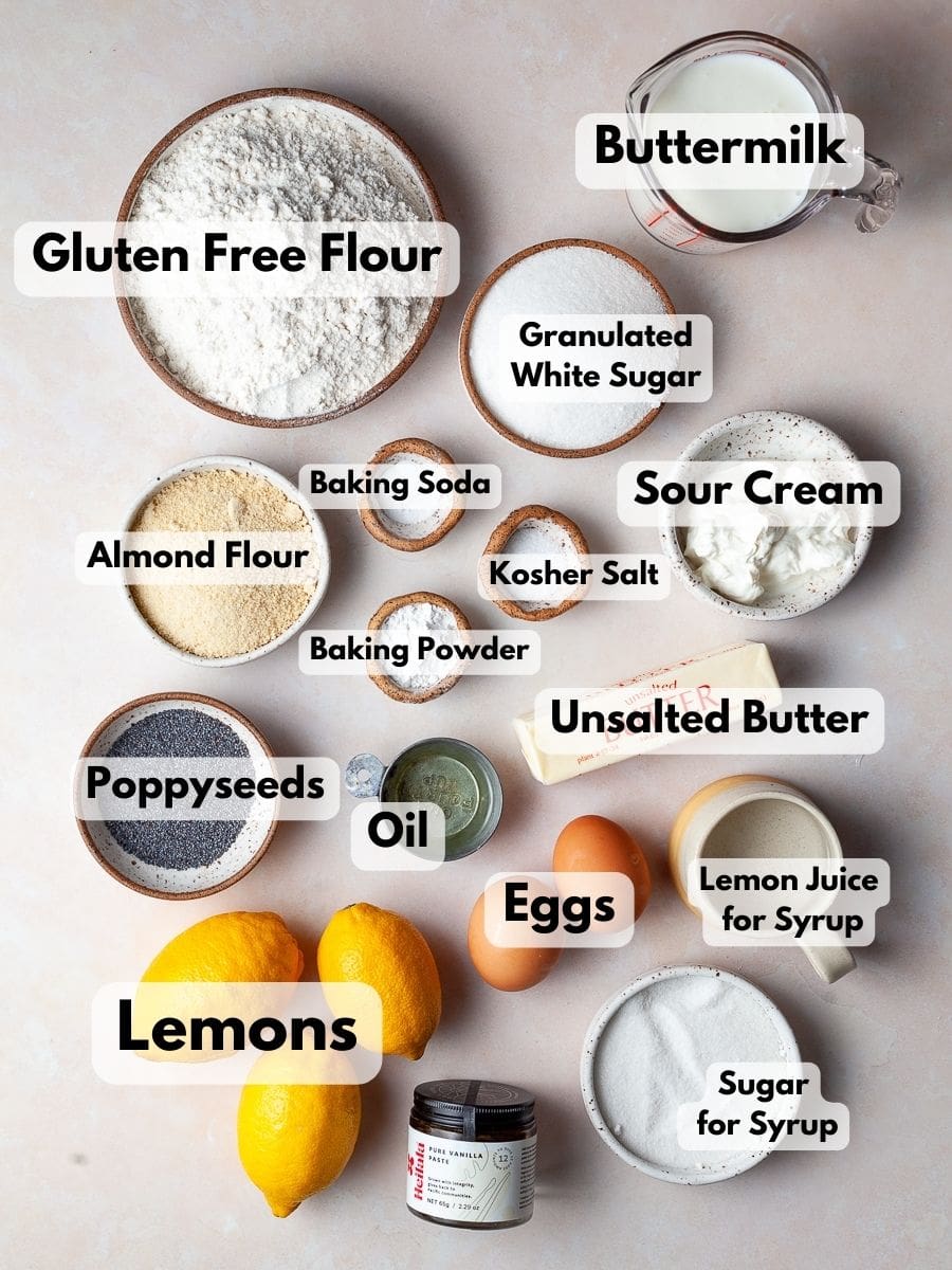 Ingredients needed to make gluten free lemon poppyseed muffins
