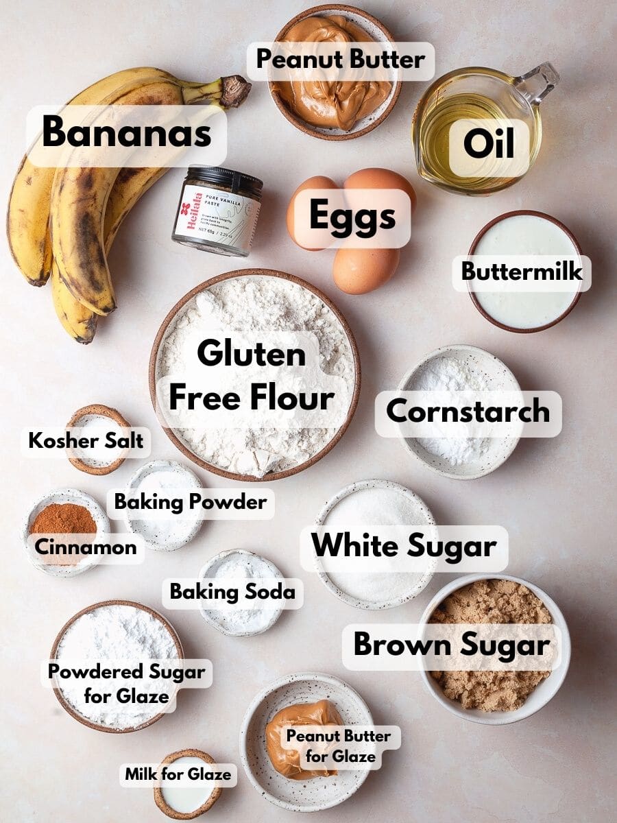 Ingredients needed to make Gluten Free Peanut Butter Banana Cake