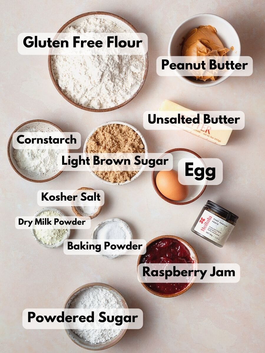 Ingredients needed to make Gluten Free Peanut Butter & Jelly Cookies