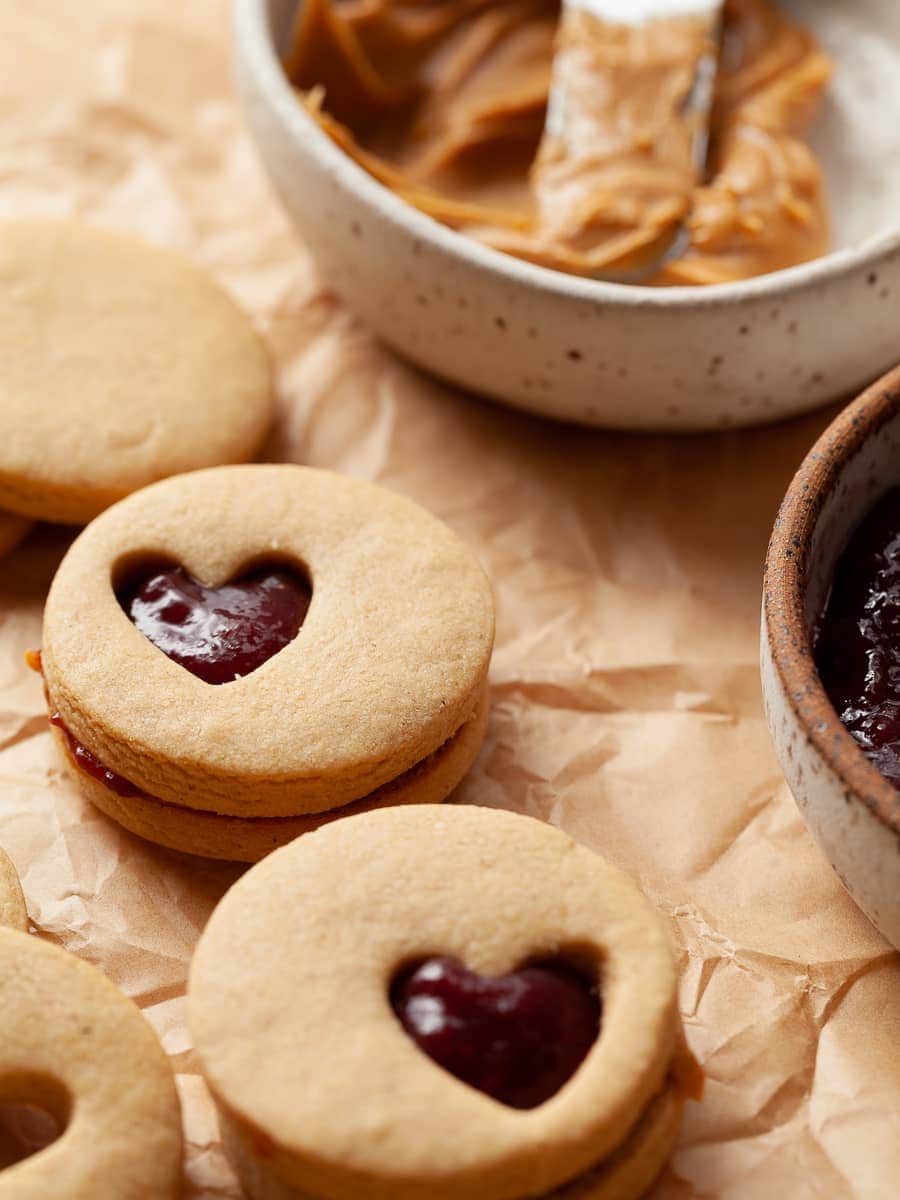Peanut Butter and Jelly Cookies filled with peanut butter and raspberry jam