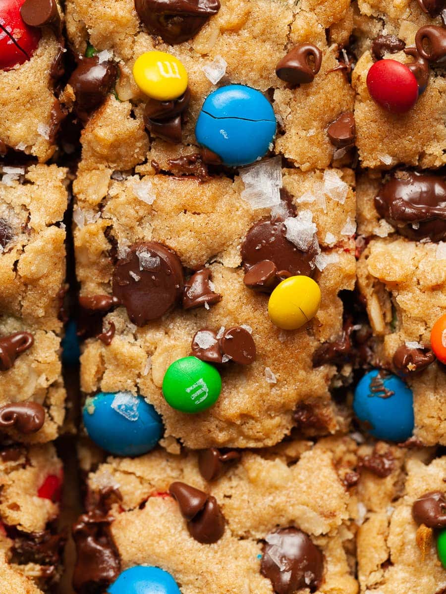 close up gluten free monster cookie bars
