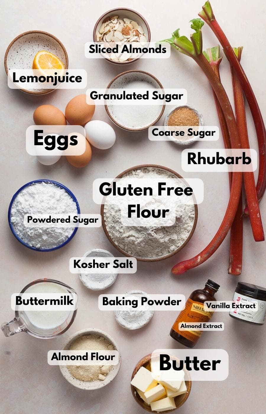 ingredients needed to make a gluten free rhubarb cake