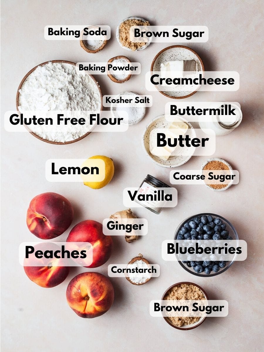 ingredients needed to make gluten free peach cobbler with buttermilk biscuits