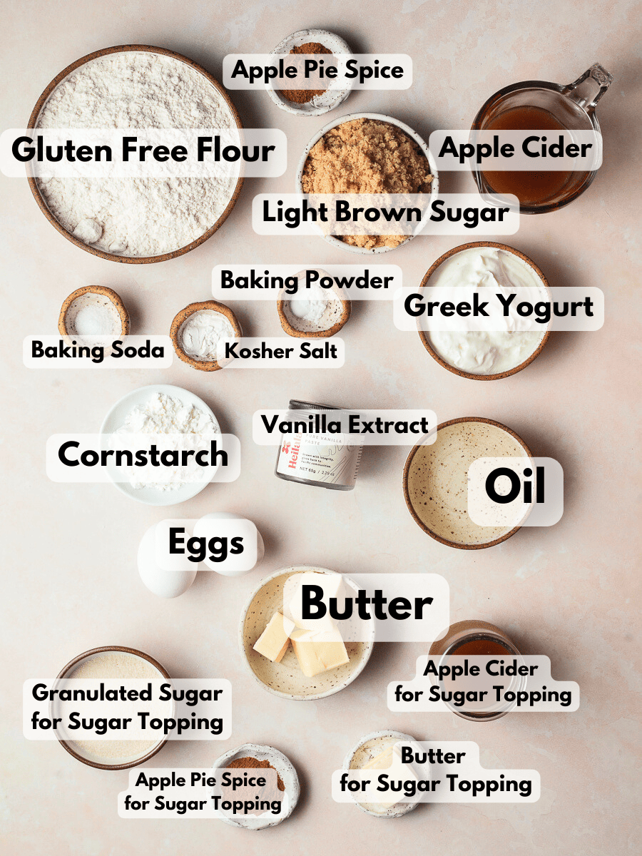 a collage of ingredients needed to make an apple cider cake