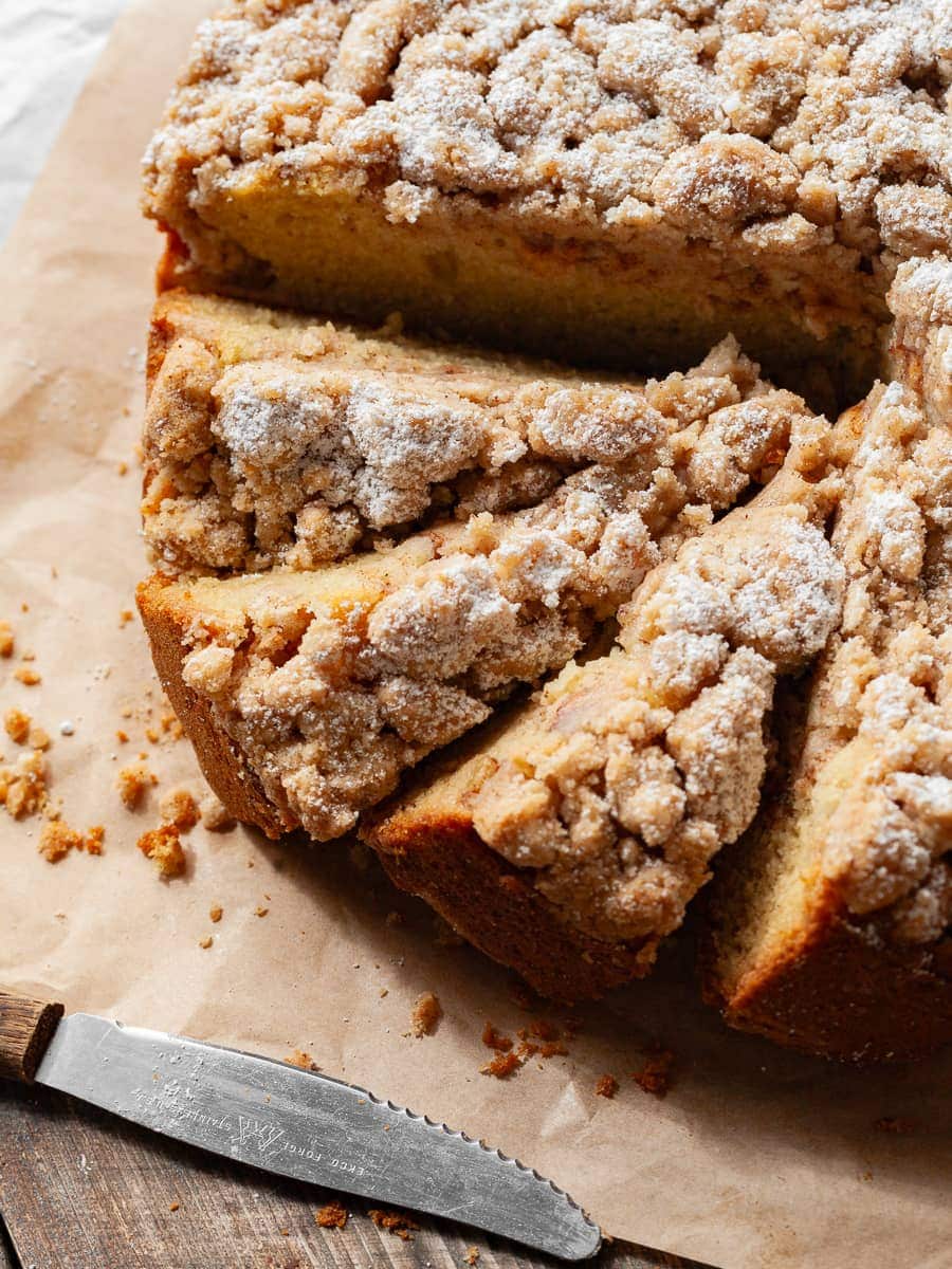 Gluten Free Apple Crumb Cake on brown parchment paper