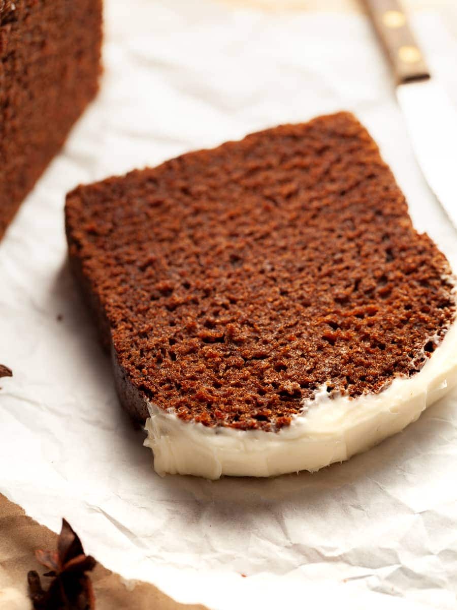 a slice of gluten free gingerbread loaf