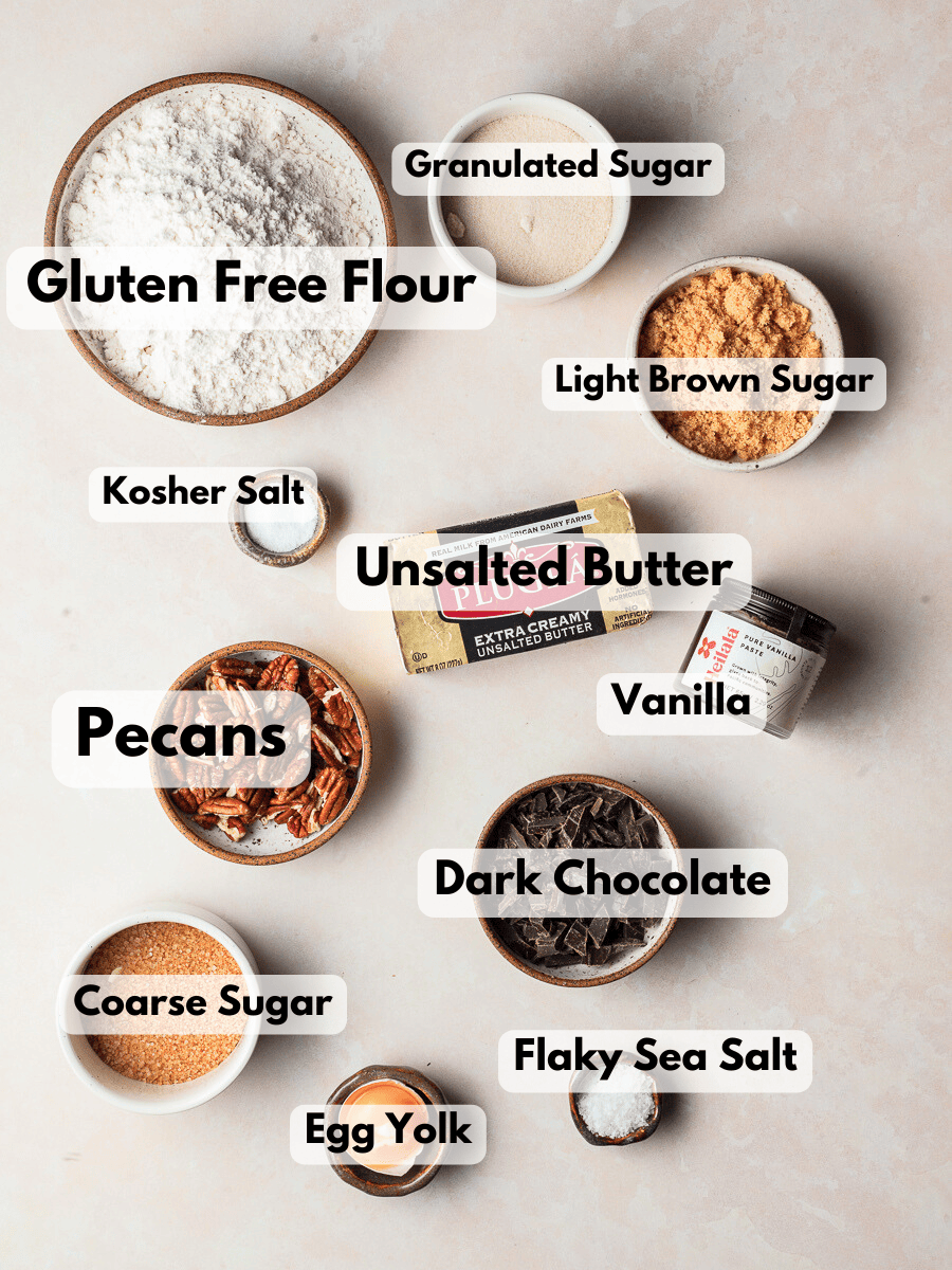 a collage of ingredients in small bowls needed to make pecan shortbread with chocolate