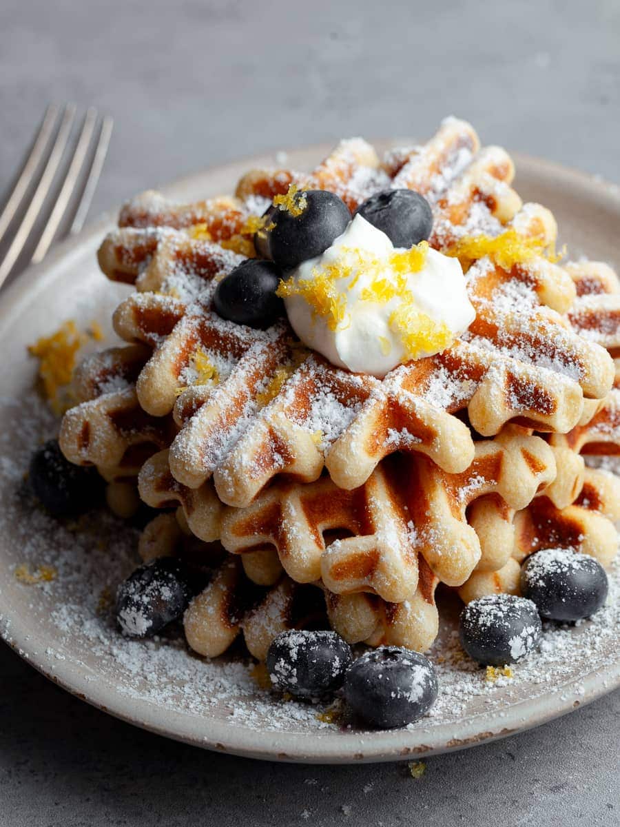 a stack of gluten free waffles topped with powdered sugar, sour cream, fresh blueberries and lemon zest