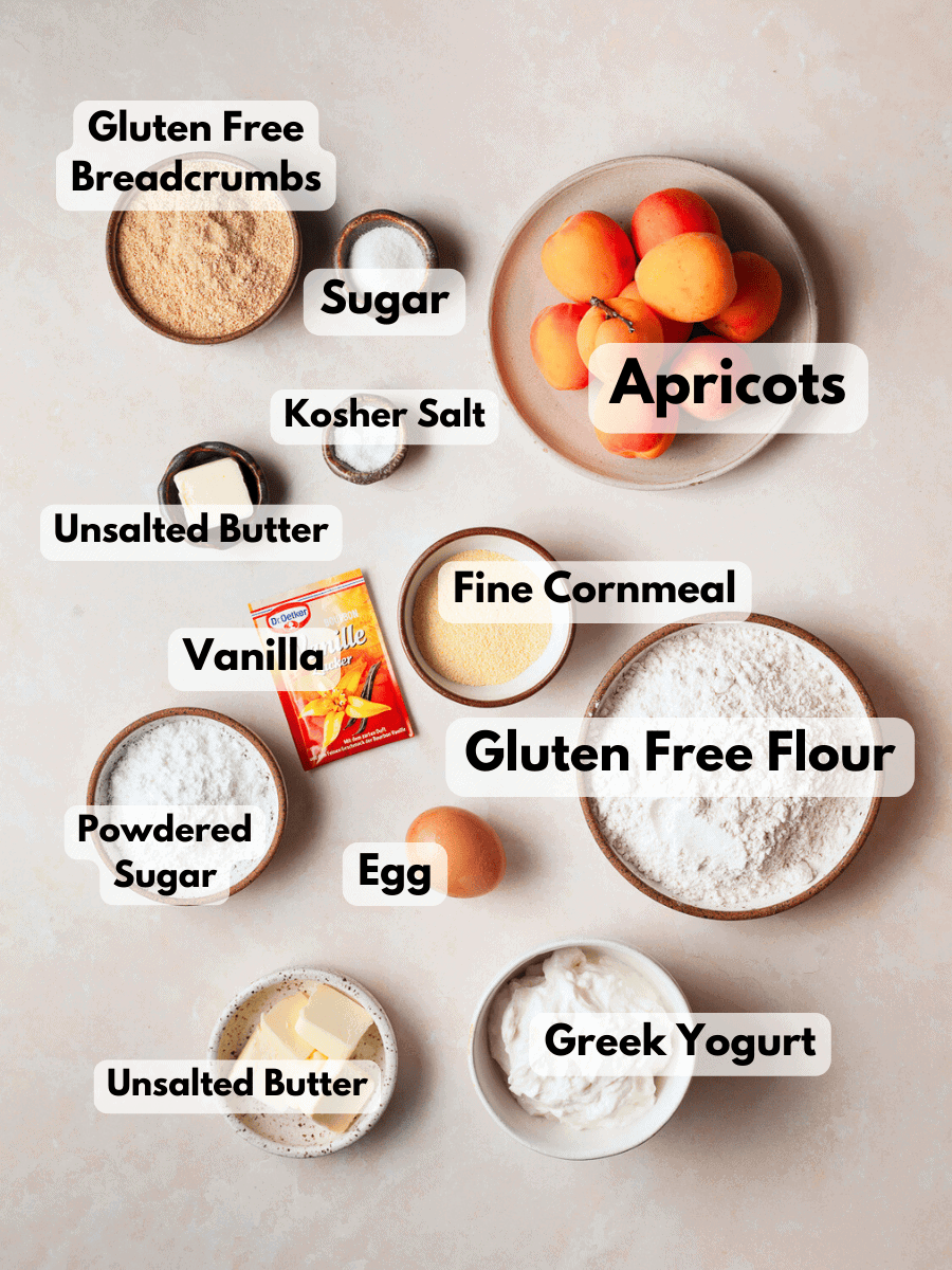 a collage of ingredients needed to make Gluten Free Marillenknödel (Austrian Apricot Dumplings)