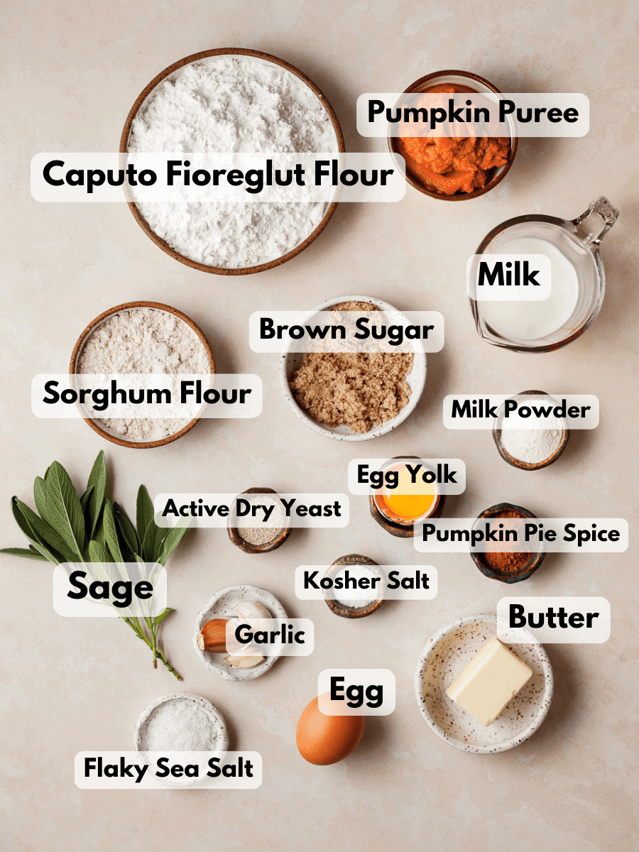 a collage of ingredients needed to make pumpkin dinner rolls