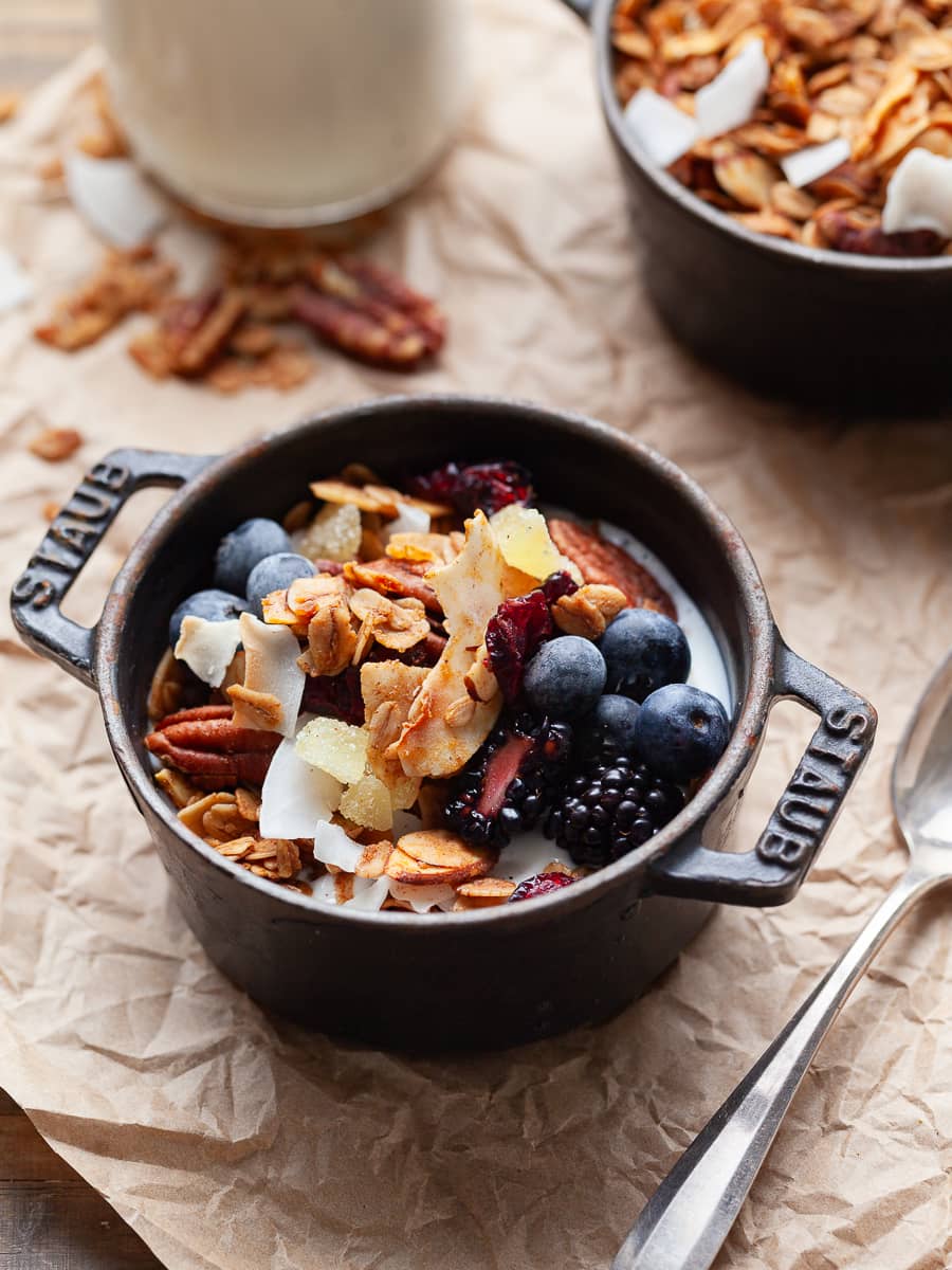 gluten free gingerbread granola with fresh fruit and yogurt