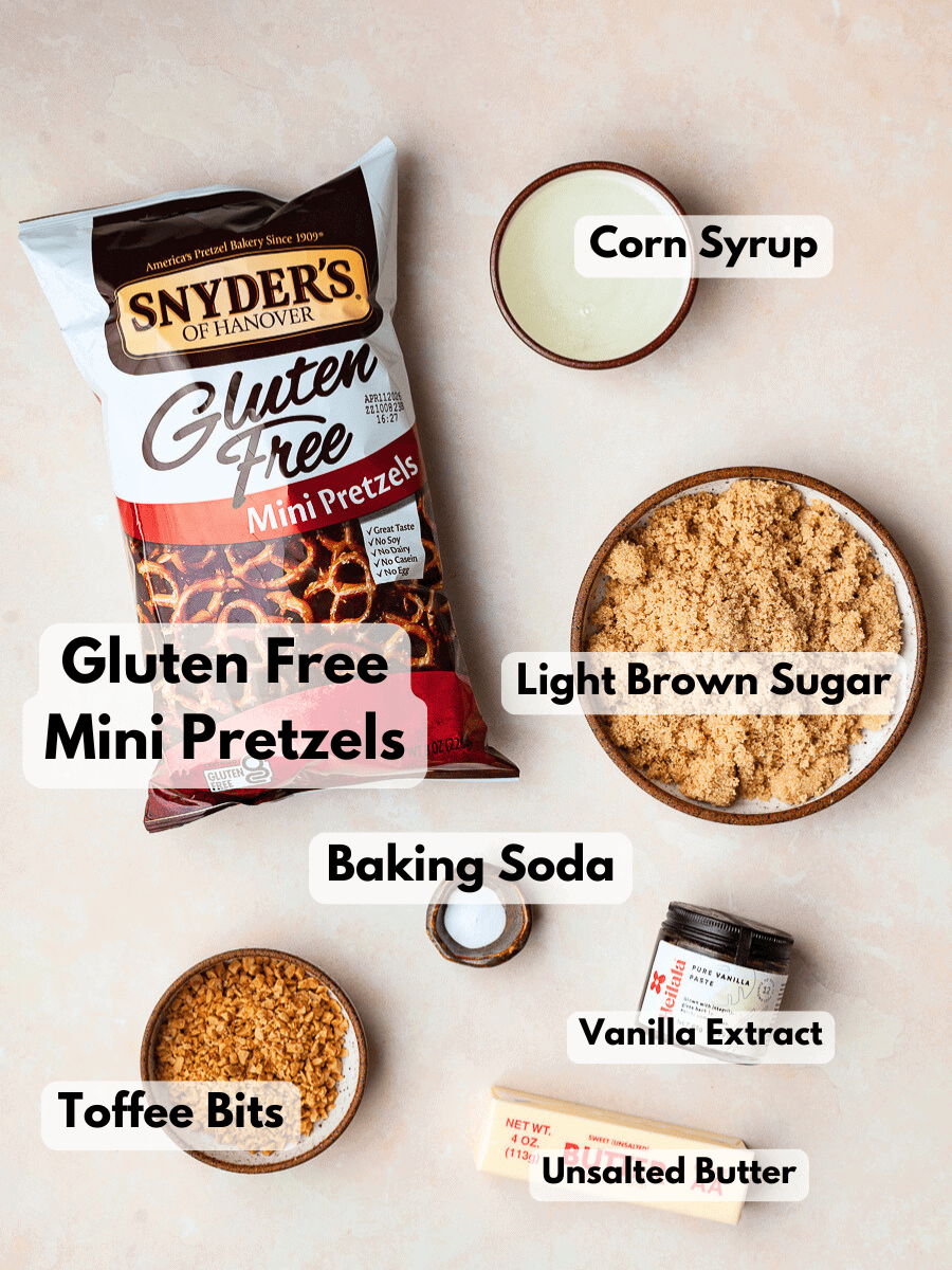 a collage of ingredients needed to make gluten free toffee pretzels