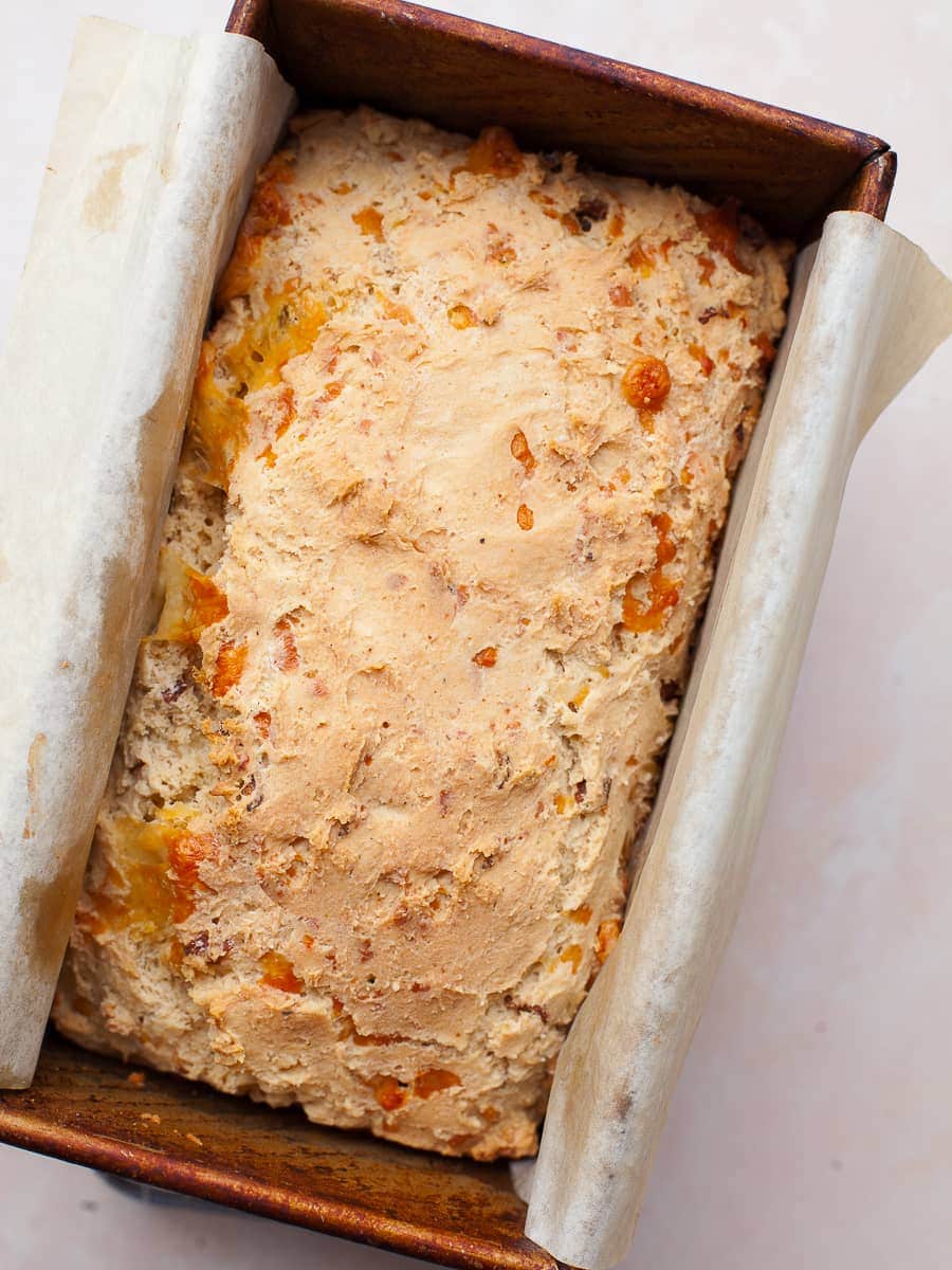 baked gluten free savory quick bread in a pullman pan