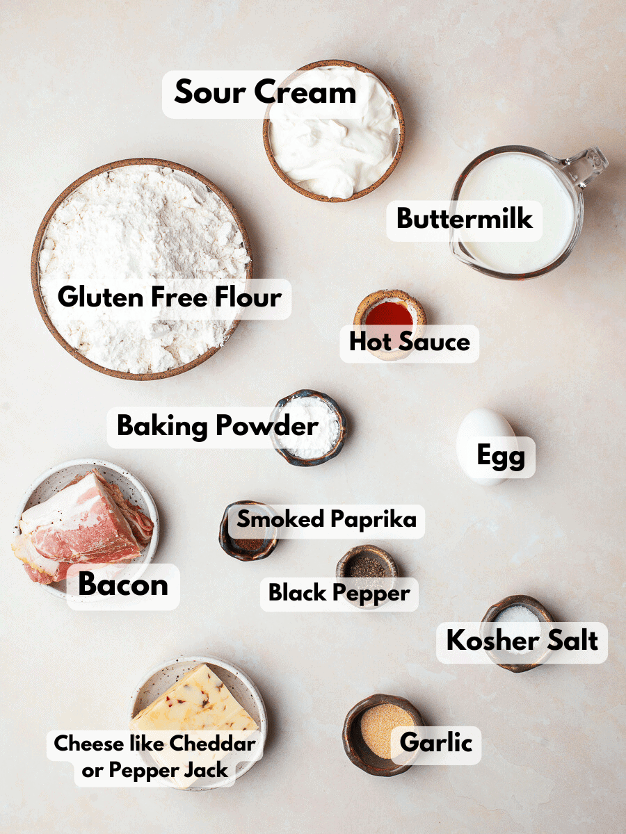 a collage of ingredients needed to make a gluten free savory quick bread with bacon and cheese