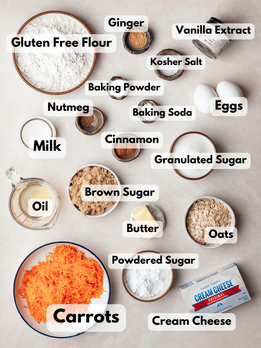 a collage of ingredients needed to make carrot cake muffins with cream cheese filling