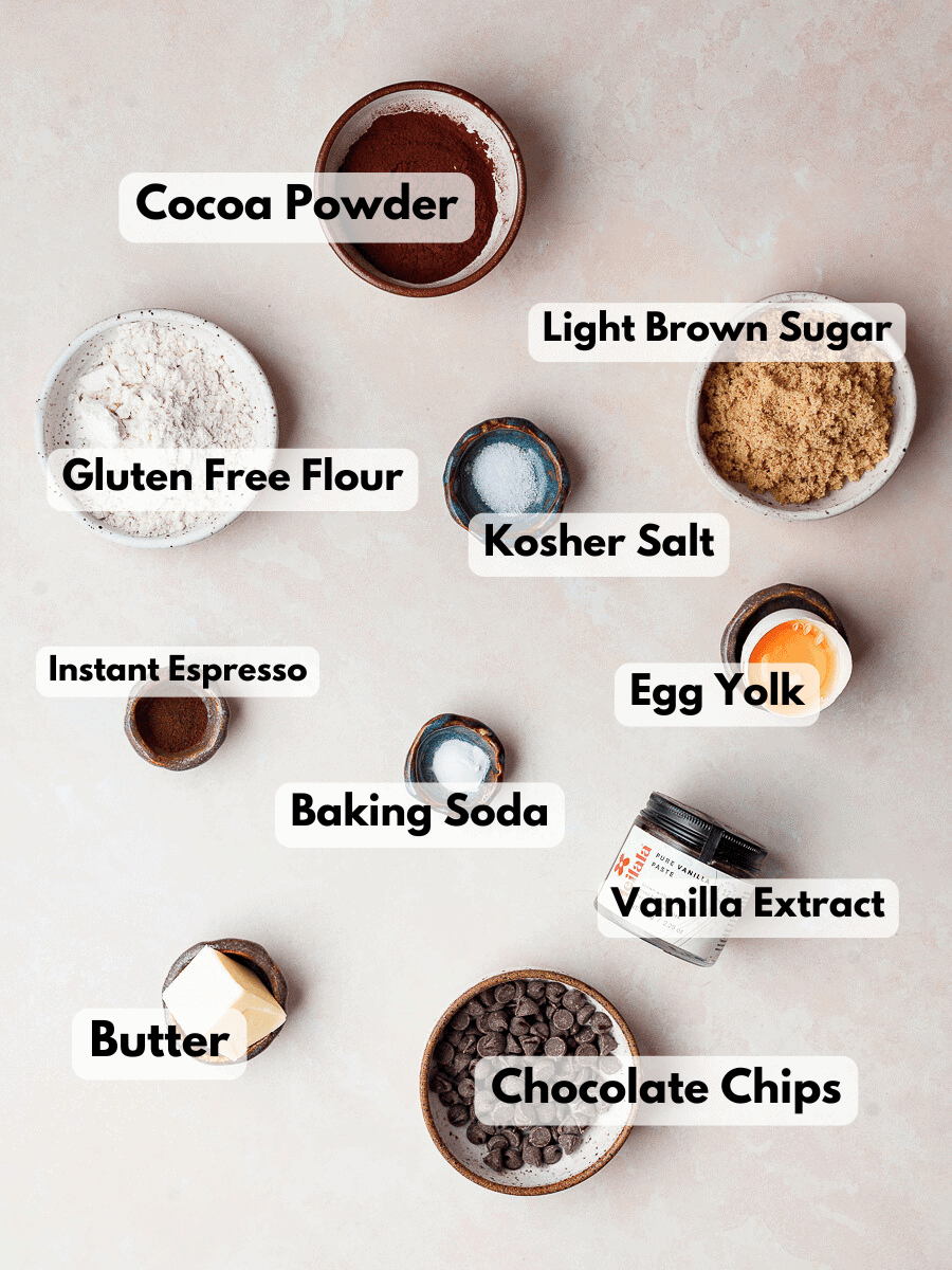 a collage of ingredients needed to make Gluten Free Small Batch Double Chocolate Cookies