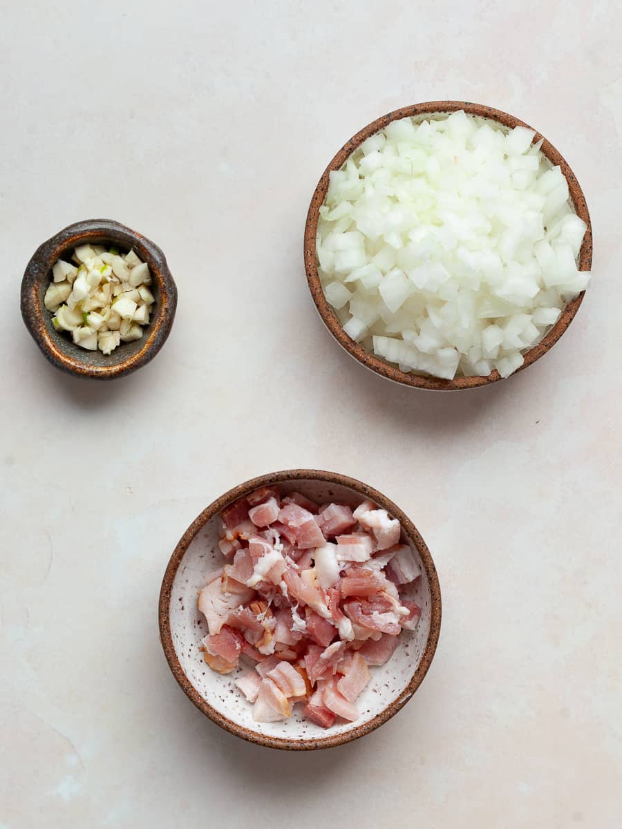 chopped bacon, onions and garlic