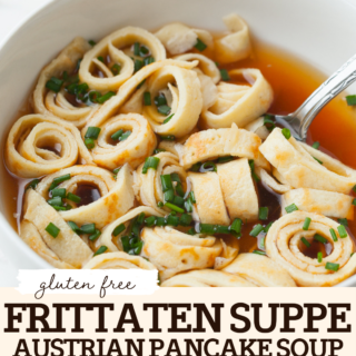 Gluten Free Frittatensuppe is a classic Austrian pancake soup made with thin crepe-like pancakes sliced into ribbons and served in hot broth. This traditional comfort food is simple, cozy, and perfect as a light appetizer. Learn how to make authentic Frittaten from scratch!