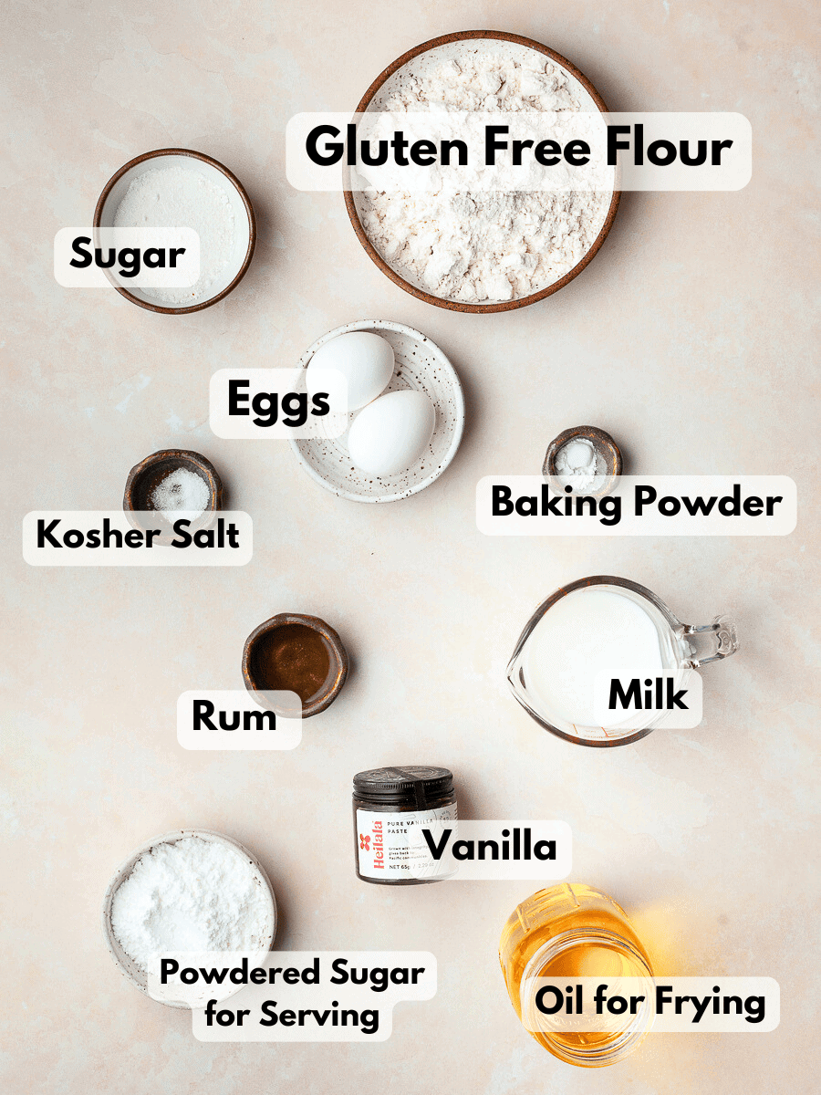 a collage of ingredients needed to make gluten free funnel cakes